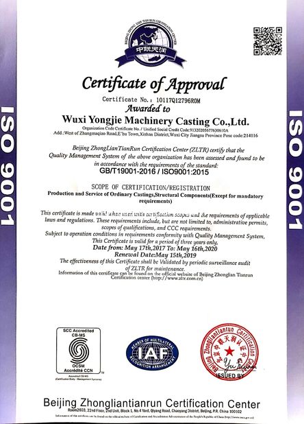 Chiny Wuxi Yongjie Machinery Casting Co., Ltd. Certyfikaty
