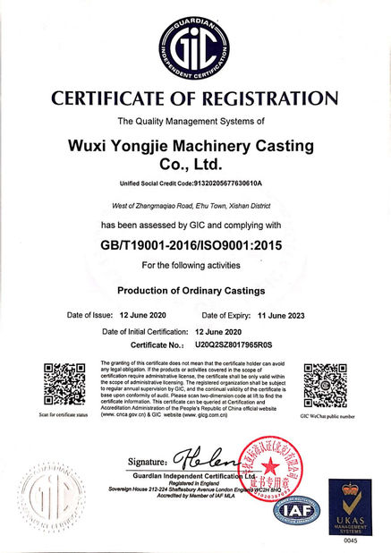 Chiny Wuxi Yongjie Machinery Casting Co., Ltd. Certyfikaty